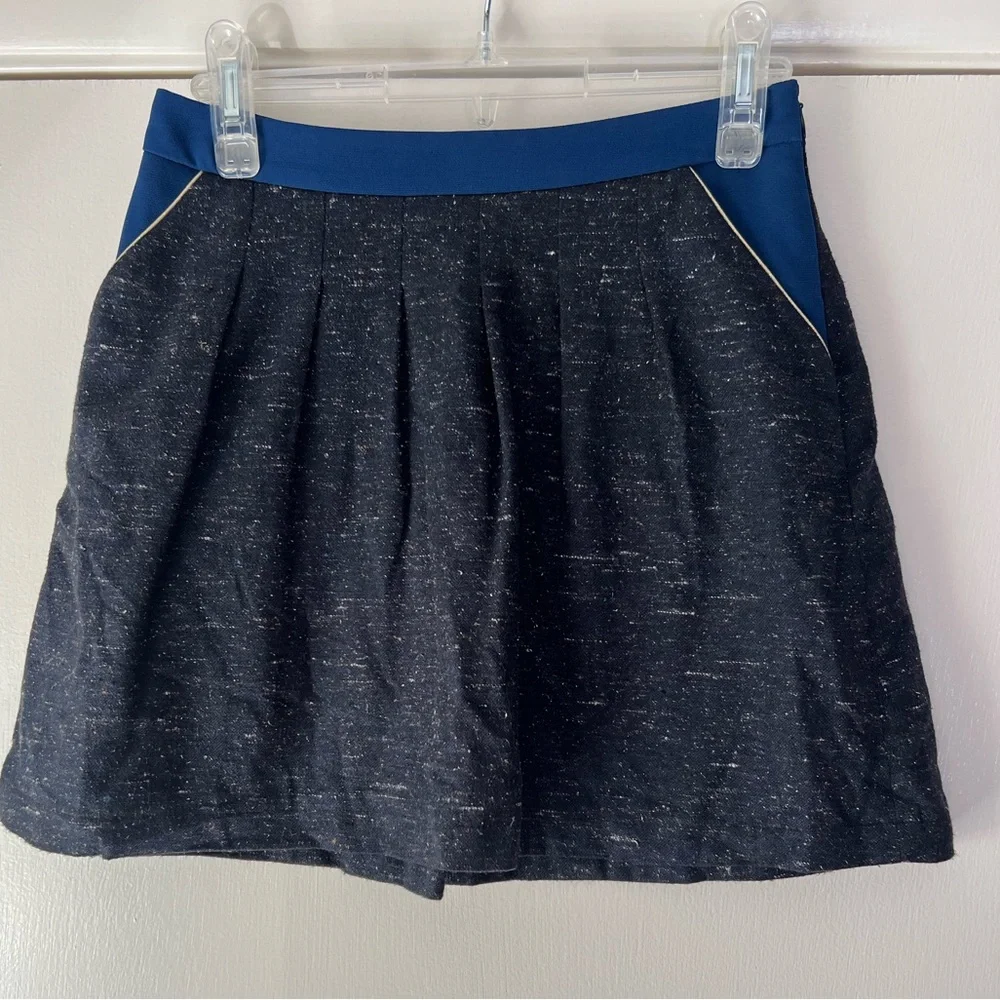 Chloé Girls Skirt Pleat Front Cotton Navy Blue Heather Black Metallic Gold Trim